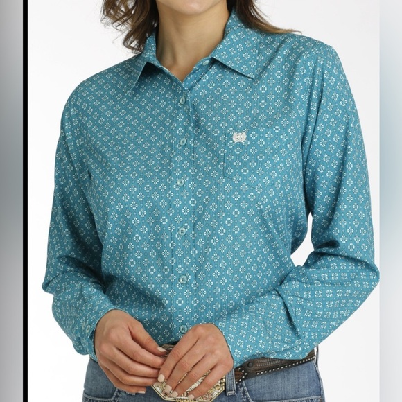 Cinch Tops - Cinch Women's Geometric Print Arenaflex Teal Button Down Shirt Size XXL